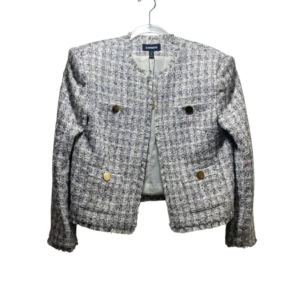 Express Tweed Gold Button Professional Jacket Blazer Small-Petite Office Career - Picture 3 of 10